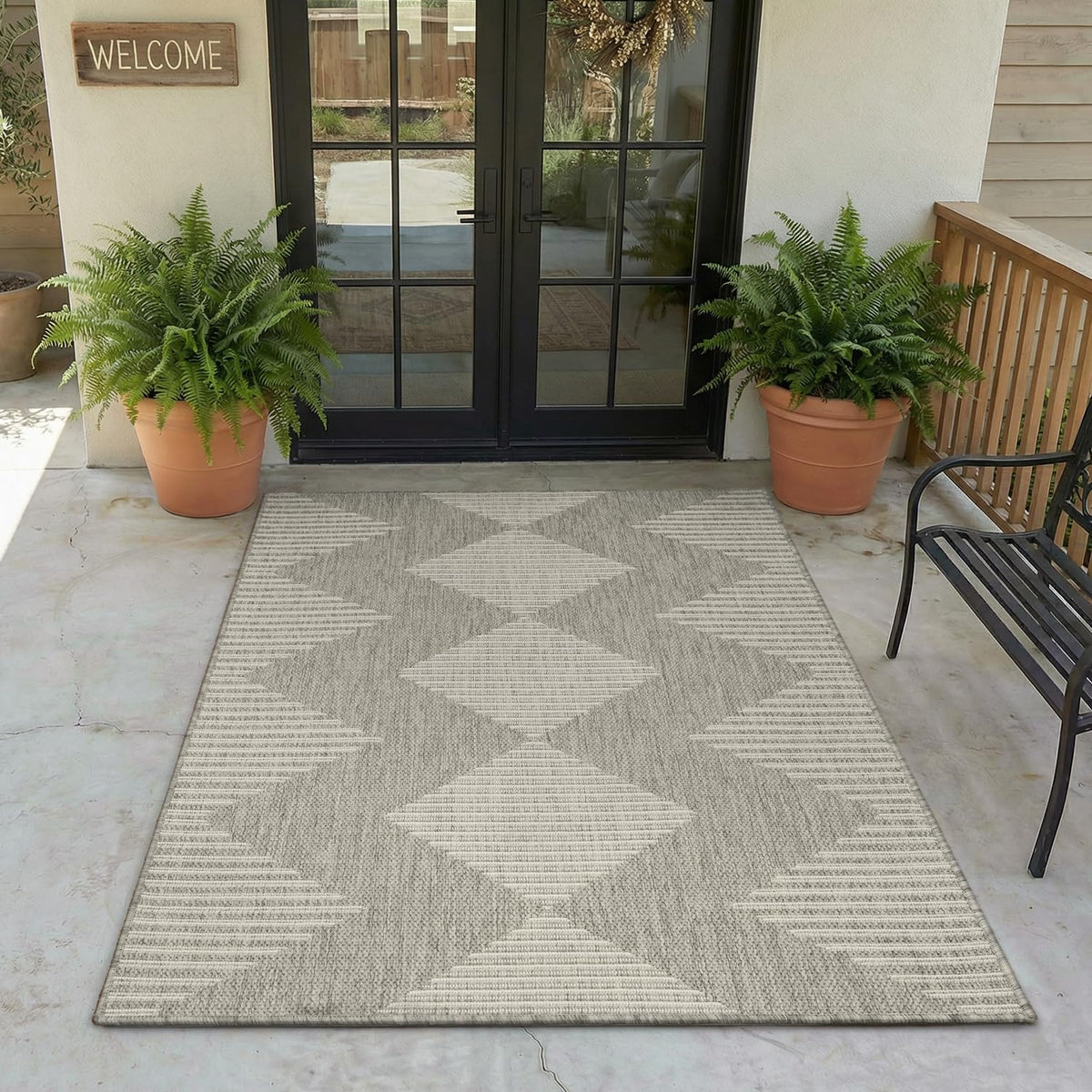 MontVoo-Outdoor Rug Carpet Patio Rug 4x6 ft Polypropylene Indoor Outdoor Rugs for Patio Deck Balcony Porch, Textured Weave, Durable for High Traffic, Fade-Resistant, Boho Geometric Neutral Brown