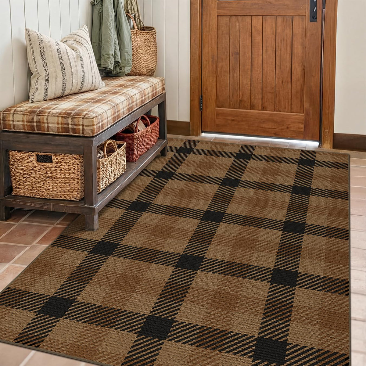 JTJ Easy Jute 3x5 Outdoor Rug for Front Porch, Washable Sage Green Plaid
