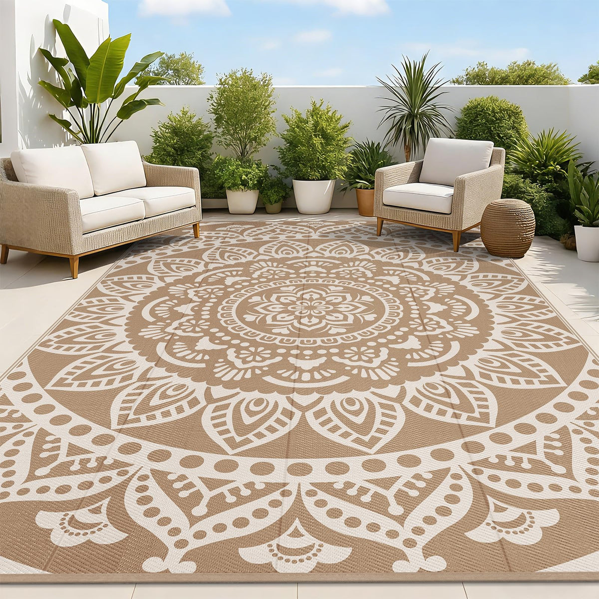 Bsmathom Waterproof Outdoor Rug 8'x10' Reversible Boho Plastic Straw Patio Deck Camping Rugs, Indoor Outdoor Portable RV Mat Clearance Carpet for Outside, Porch, Balcony, Backyard, Beach, Pool,Grey