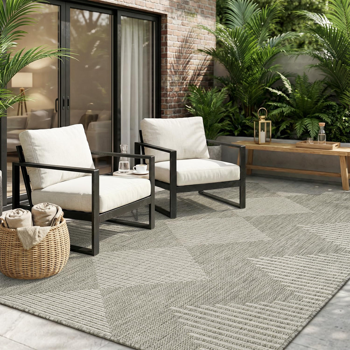 MontVoo-Outdoor Rug Carpet Patio Rug 4x6 ft Polypropylene Indoor Outdoor Rugs for Patio Deck Balcony Porch, Textured Weave, Durable for High Traffic, Fade-Resistant, Boho Geometric Neutral Brown