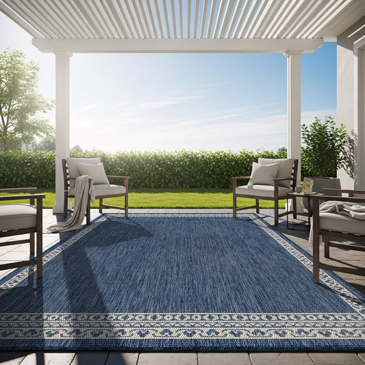 Washable Outdoor Rug 8x10 Modern Area Rugs Outdoor Carpets Bordered Pattern Non Shedding Waterproof Easy Clean Patio Deck Porch Living Room Bedroom Garden RV (8 X 10 Blue)