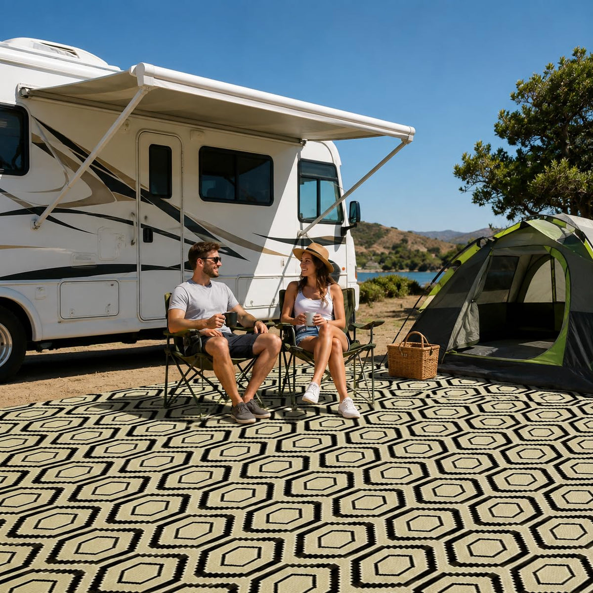 fifame 9x18 Outdoor Rug, Plastic Woven Patio Mat, Waterproof RV Camping Rug