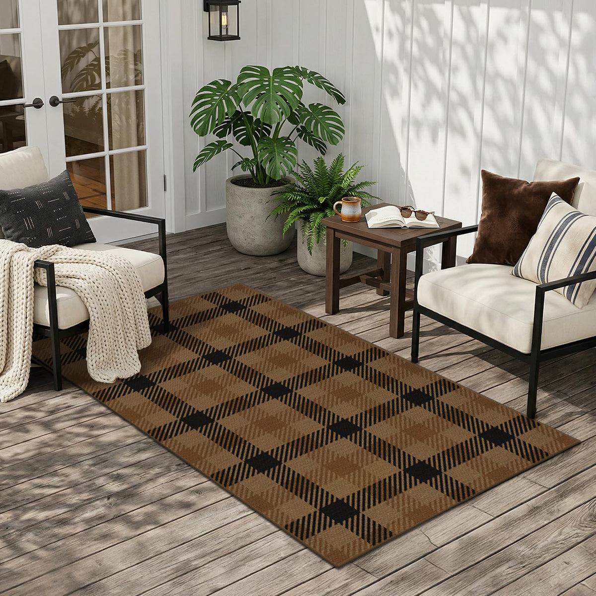 JTJ Easy Jute 3x5 Outdoor Rug for Front Porch, Washable Sage Green Plaid