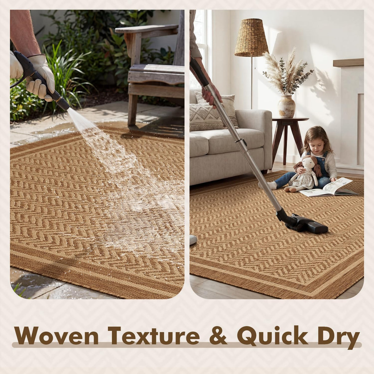 MontVoo-Outdoor Rug-Patio Rug 5x7 Polypropylene Indoor Outdoor Rugs Outdoor Carpet for Patio Deck Balcony Porch, Textured Weave, Durable for High Traffic, Fade-Resistant, Boho Farmhouse Neutral Brown