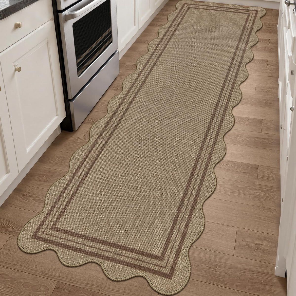 Scalloped Easy Jute 3x5 Front Door Mat, Washable Rugs for Entryway Black Outdoor Patio Rug, Farmhouse Neutral Non Slip Indoor Carpet for Porch Backyard