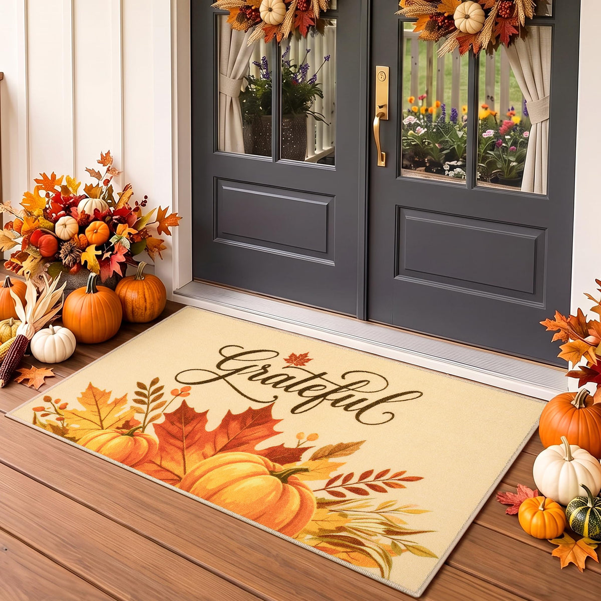 Fall Front Door Mat 3'x5', Hello Pumpkin Welcome Mat for Porch Rugs