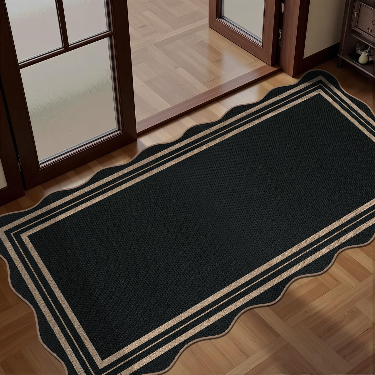 Scalloped Easy Jute 3x5 Front Door Mat, Washable Rugs for Entryway Black Outdoor Patio Rug, Farmhouse Neutral Non Slip Indoor Carpet for Porch Backyard
