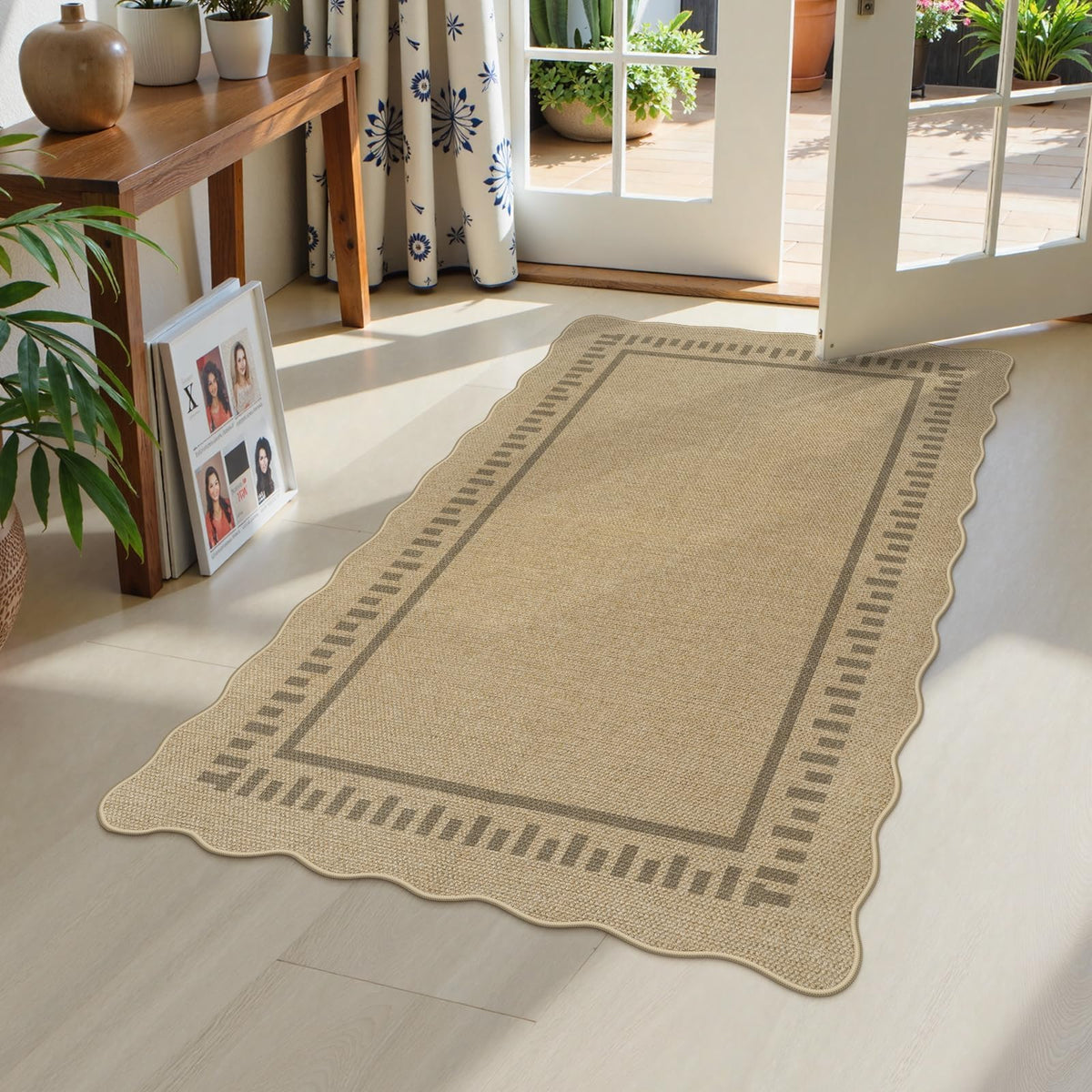 LIVEBOX Scalloped Easy Jute 3x5 Outdoor Rug, Washable Non-Slip Geometric Tan Rugs for Entryway, Indoor Outdoor Farmhouse Rug Modern Carpet Door Mat Area Rug for Patio Bedroom Living Room Kitchen Porch