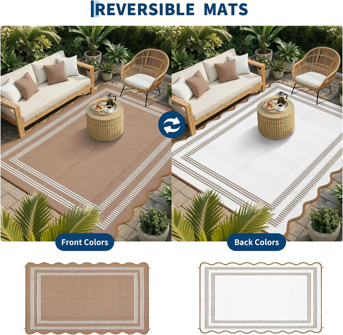 Garvee Scalloped Waterproof Plastic Straw Outdoor Rug 6x9 Brown