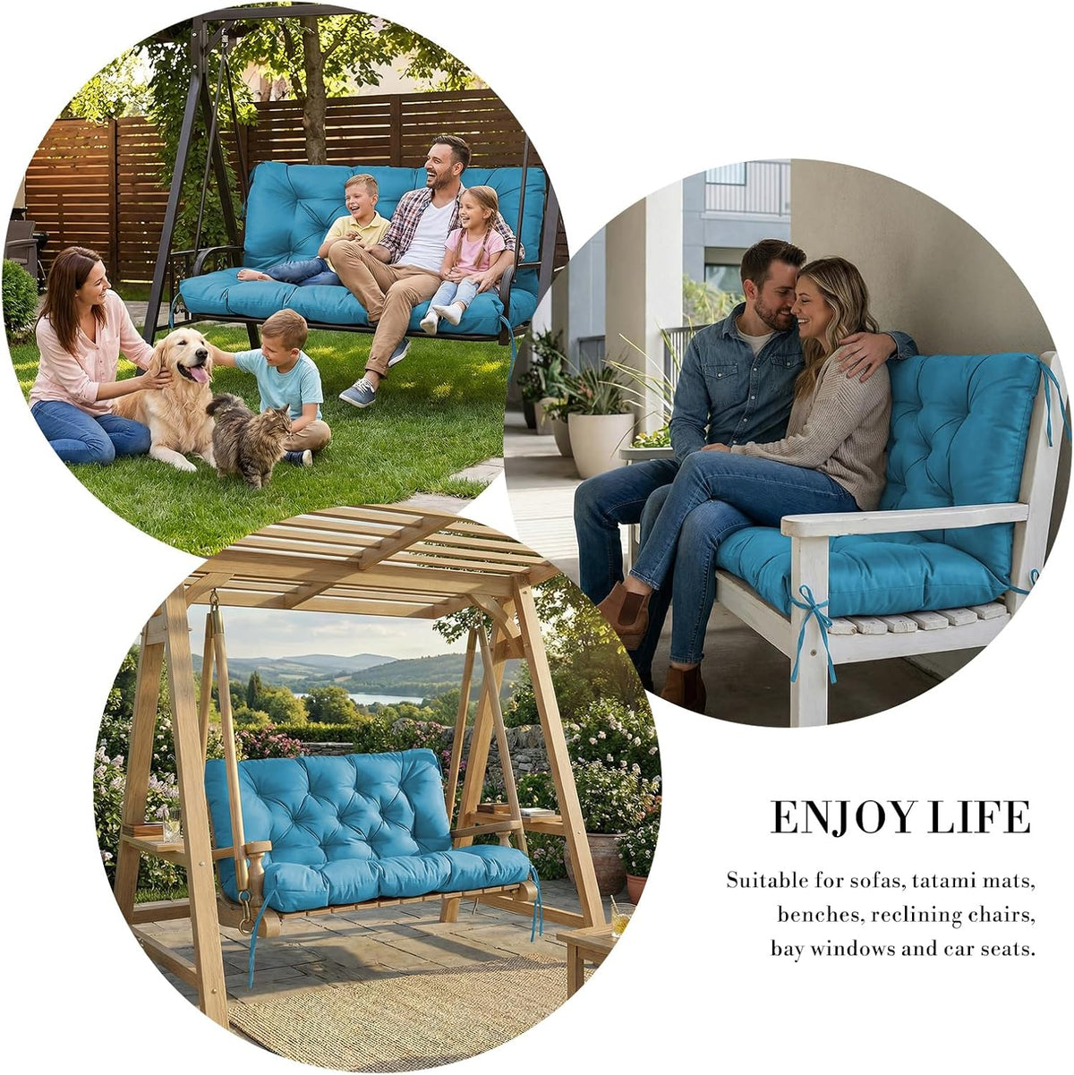Outdoor/Indoor Swing Replacement Cushion, 2 or 3 Seats Bench Cushions with Backrest, Thicken 4" Recliner Seat Pad for Garden/Patio, Waterproof Premium Tufted Cushion with Ties(Turquoise-40x40x4in)