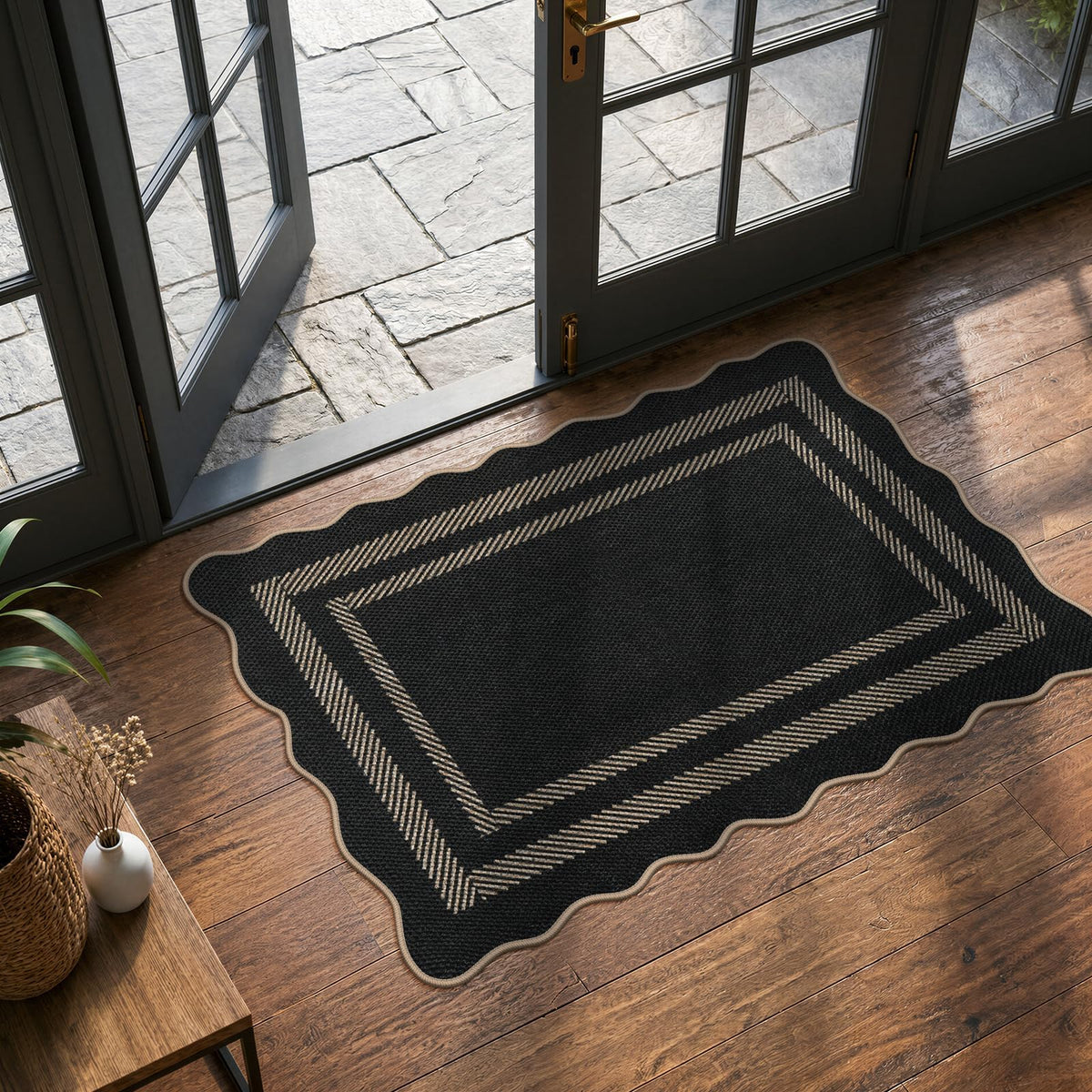 LIVEBOX Scalloped Easy Jute 3x5 Outdoor Rug, Washable Non-Slip Geometric Tan Rugs for Entryway, Indoor Outdoor Farmhouse Rug Modern Carpet Door Mat Area Rug for Patio Bedroom Living Room Kitchen Porch