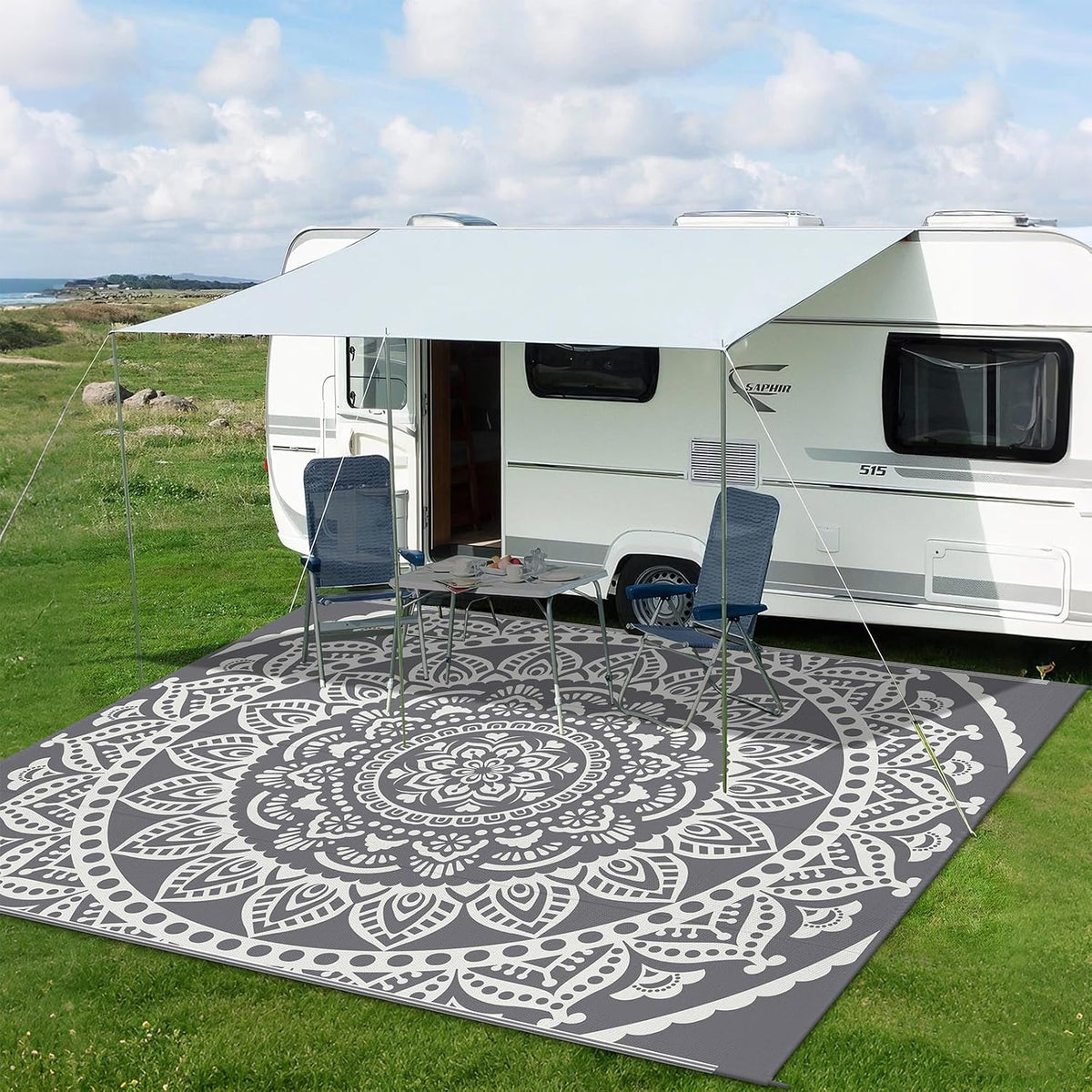 Bsmathom Waterproof Outdoor Rug 8'x10' Reversible Boho Plastic Straw Patio Deck Camping Rugs, Indoor Outdoor Portable RV Mat Clearance Carpet for Outside, Porch, Balcony, Backyard, Beach, Pool,Grey