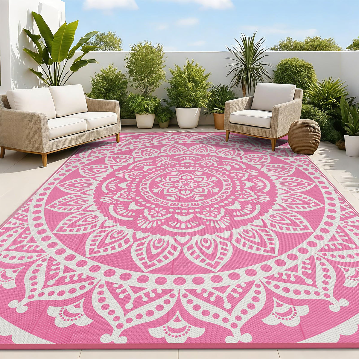 Bsmathom Waterproof Outdoor Rug 8'x10' Reversible Boho Plastic Straw Patio Deck Camping Rugs, Indoor Outdoor Portable RV Mat Clearance Carpet for Outside, Porch, Balcony, Backyard, Beach, Pool,Grey