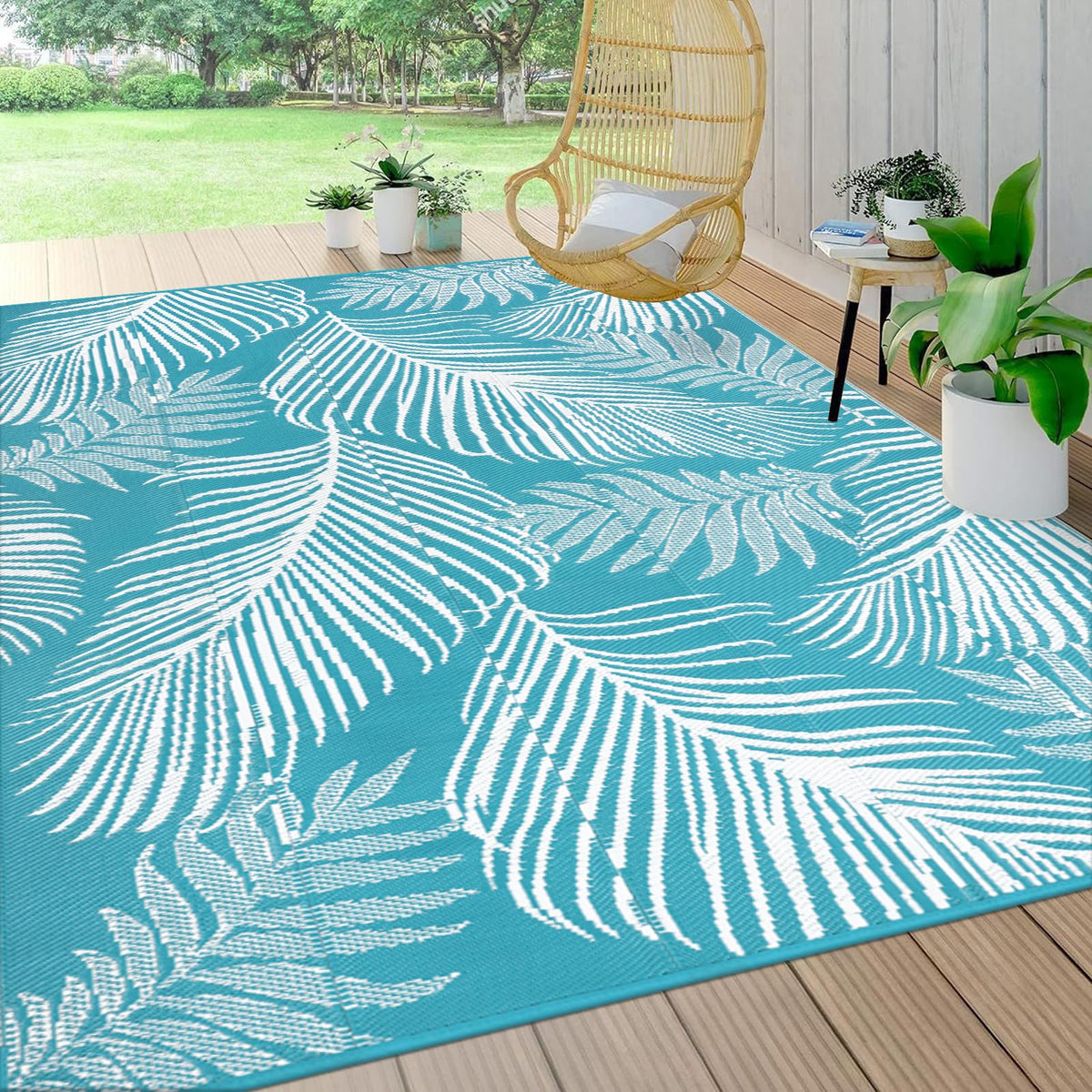 Pauwer Waterproof Outdoor Rug 5x8, Plastic Straw Patio Rug, Leaf Brown