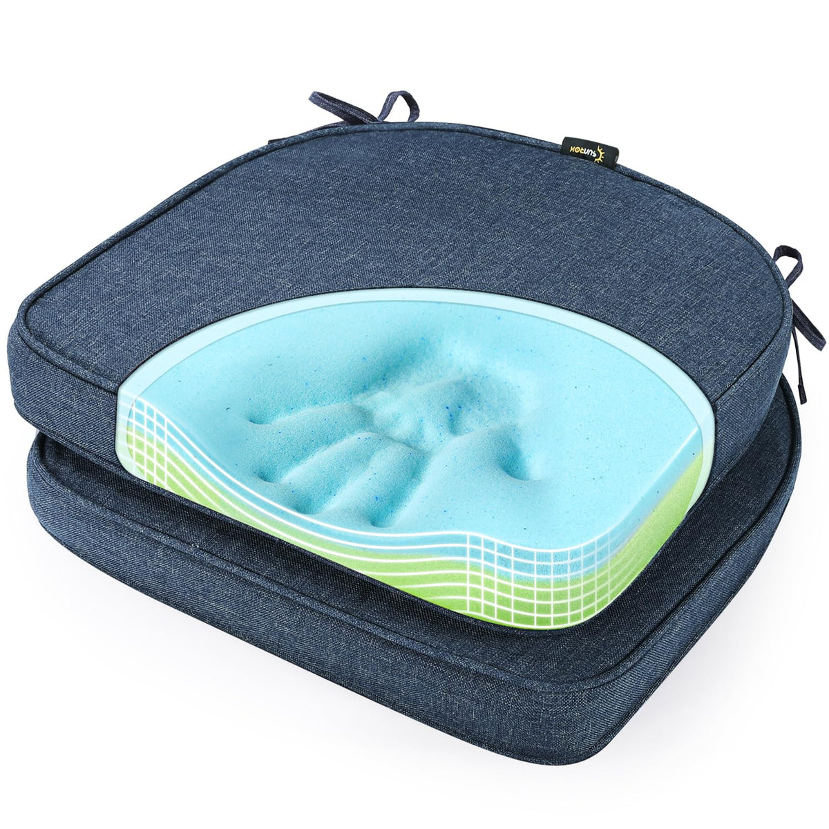 SUNROX Gel Memory Foam Chair Cushions, FadeShield Water-, Stain-Resistant Durable Reversible Seat Cushion Pads with Ties for Indoor/Outdoor Kitchen Dining Office 17"x16" Set of 2, Navy