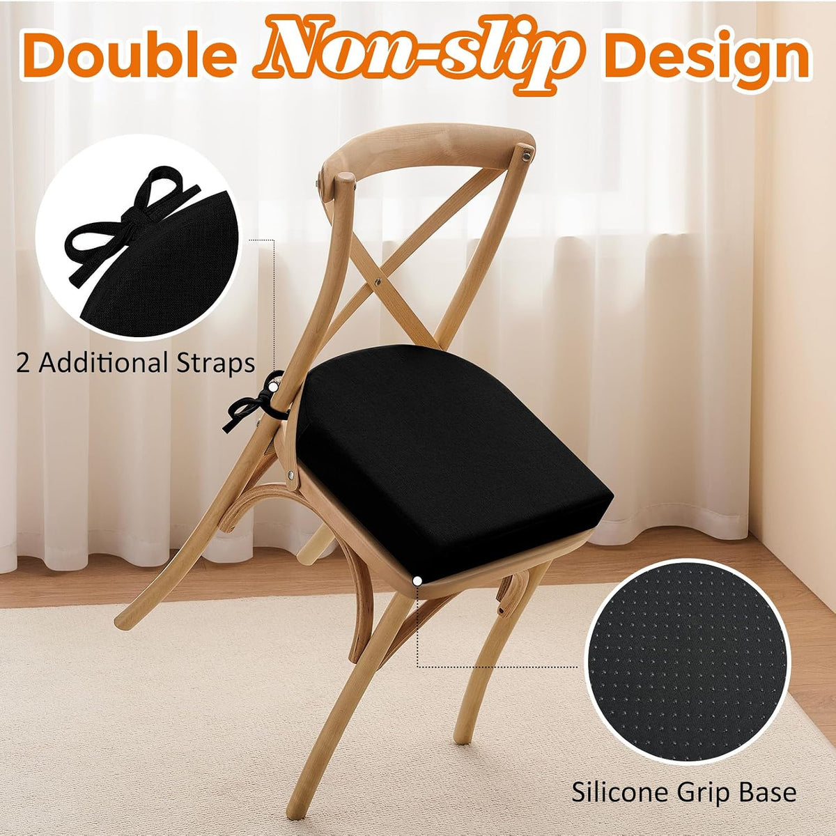 downluxe Chair Cushions for Dining Chairs, Memory Foam Linen Kitchen Chair Pads with Ties, Waterproof, Stain-Resistant and Washable Cover, 17" x 16" x 2.5", Black, 4 Pack