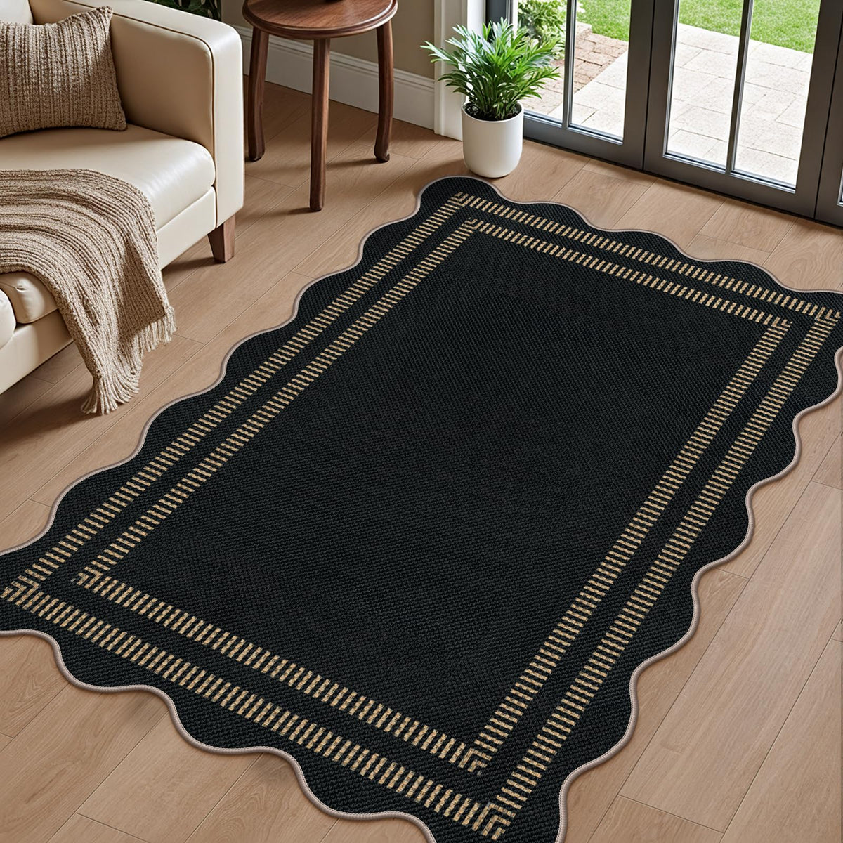 Scalloped Easy Jute 3x5 Front Door Mat, Washable Rugs for Entryway Black Outdoor Patio Rug, Farmhouse Neutral Non Slip Indoor Carpet for Porch Backyard