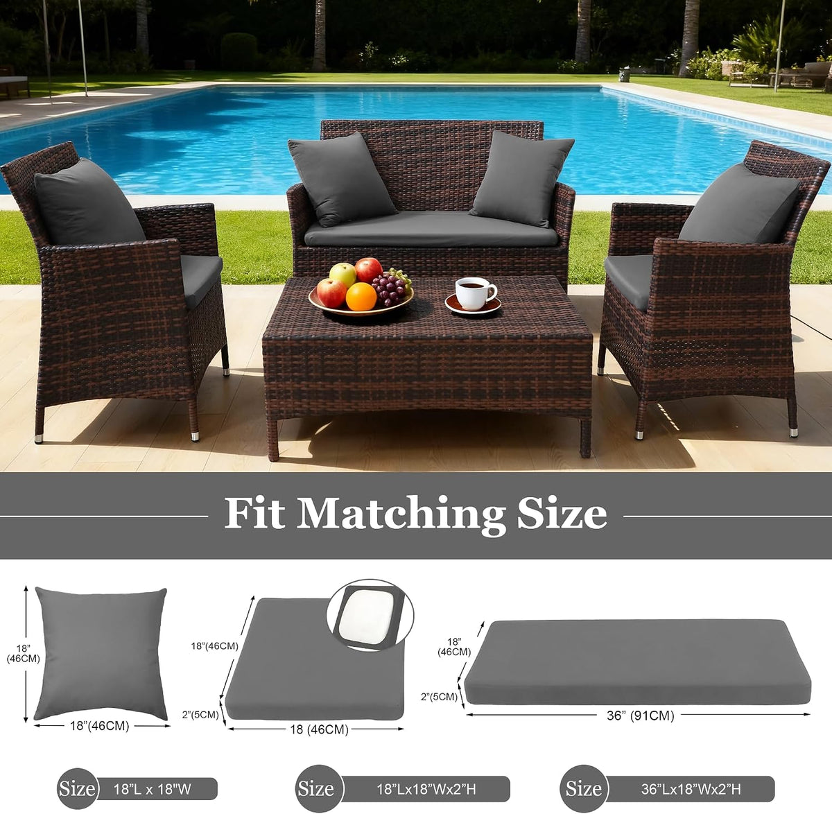 Waterproof 3-piece patio cushion set wicker furniture cushion covers