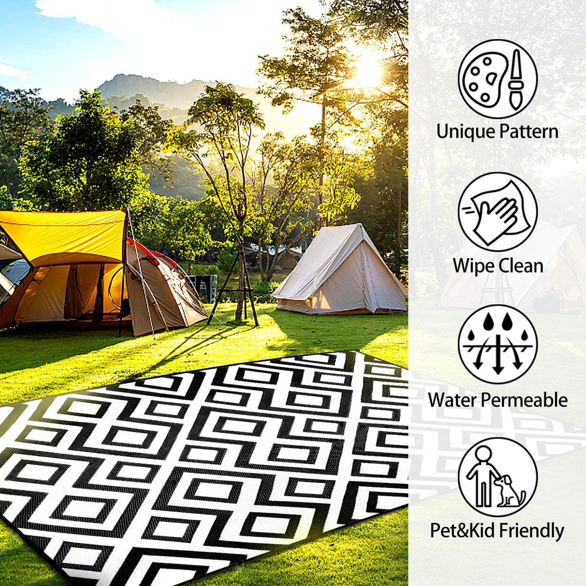 DiiKoo Outdoor Rug Mat for Patio, 6x9ft Waterproof Reversible Plastic Straw Rugs, Camping Carpet Area Mats for RV, Porch, Deck, Backyard, Balcony, Camper, Trailer, Black & White