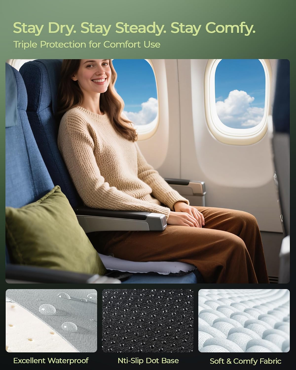 Inflatable Stadium Seat Cushion for Airplane, 2.5" Thicker Foam
