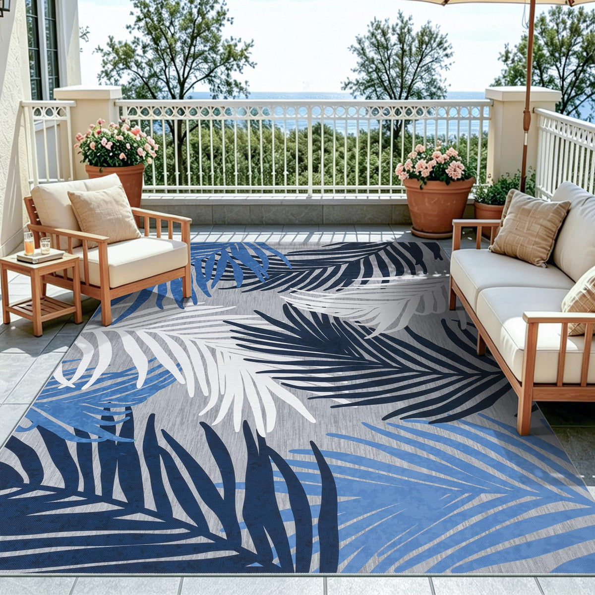 Pauwer Indoor Outdoor Area Rugs 6x9, Washbale Outdoor Patio Rug, Blue White