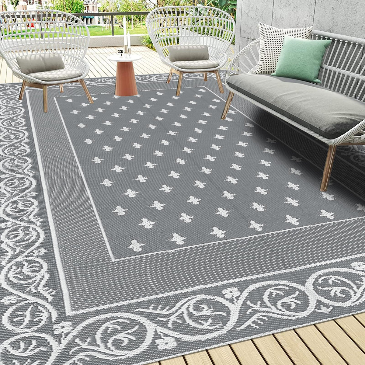 Pauwer Waterproof Outdoor Rug 5x8, Plastic Straw Patio Rug, Leaf Brown
