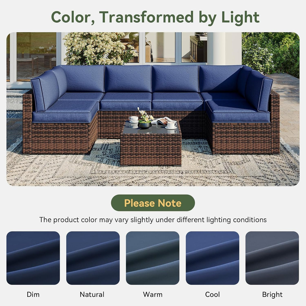 Aoxun Outdoor Replacement Cushions for Patio Furniture, Waterproof Sofa Cushion for 6-Seat Rattan Wicker Sectional Patio Conversation Sets, 14-Piece Cushions Set for L-Shape Couch, Navy