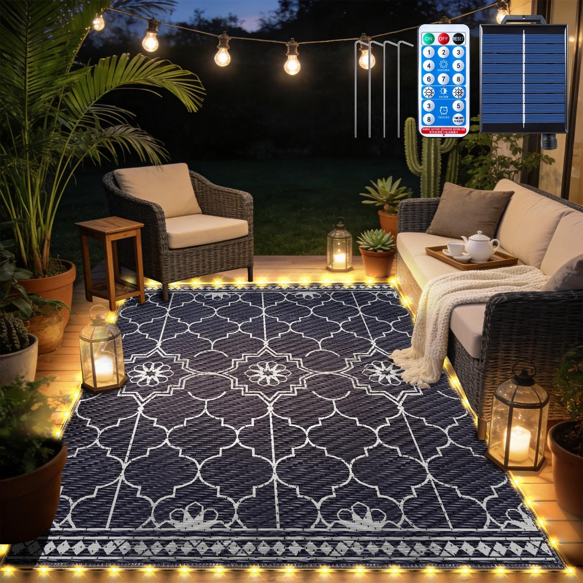 9x12Ft Outdoor Rug, Solar Powered Outdoor Rug with 131LEDs Strip Lights for House Deck, Waterproof Plastic Reversible Outdoor Straw Rugs, Rugs Mat RV Camping Patio Beach Balcony Picnic (Black Gray)