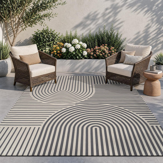 AMOAMI Outdoor Rug Patio Rug 5x8 ft Quick Dry Flatweave Textured Machine Washable Outdoor Carpet with Rubber Particles Backing Boho Outdoor Area Rug for Patio Deck Front Porch Balcony Greyish Black