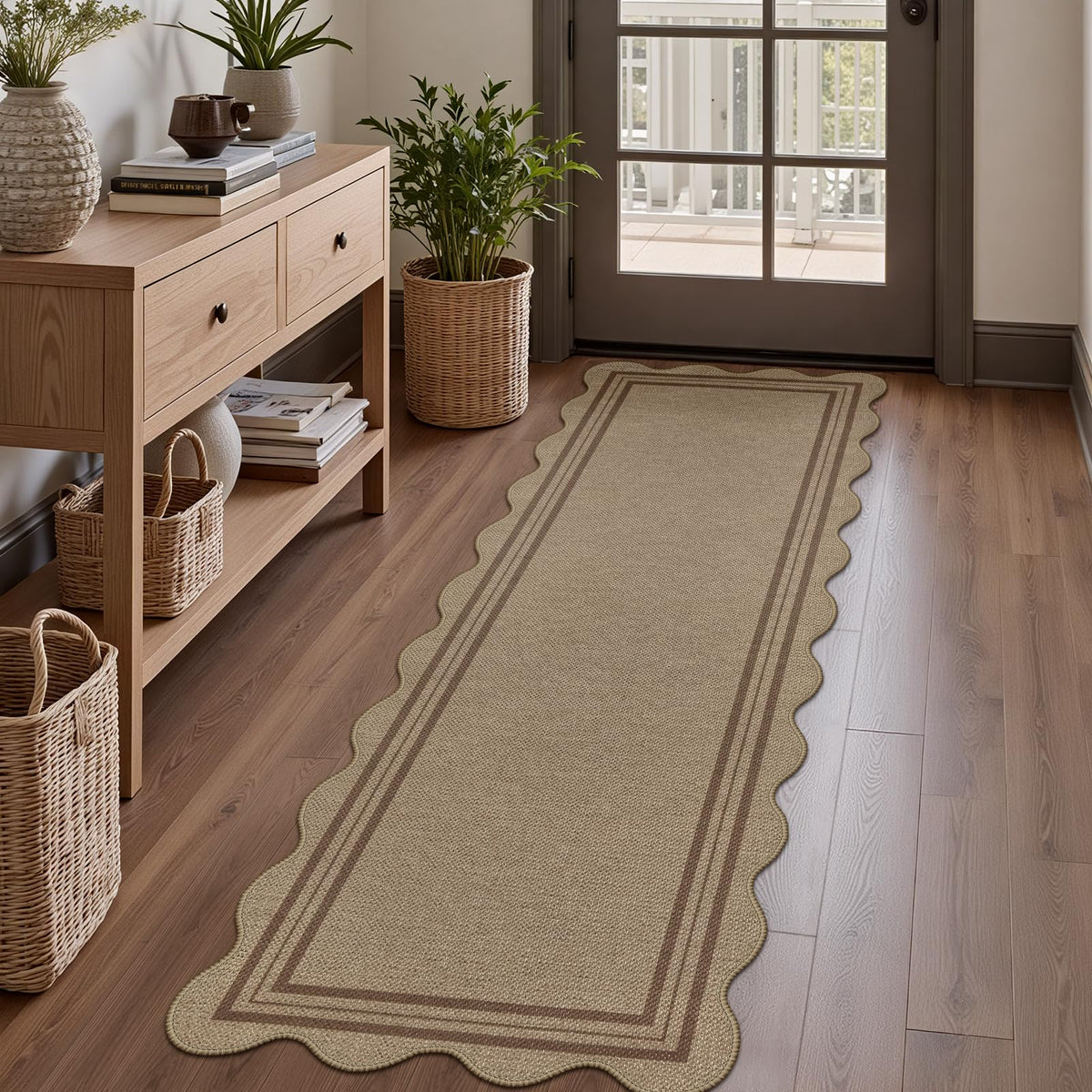 Scalloped Easy Jute 3x5 Front Door Mat, Washable Rugs for Entryway Black Outdoor Patio Rug, Farmhouse Neutral Non Slip Indoor Carpet for Porch Backyard