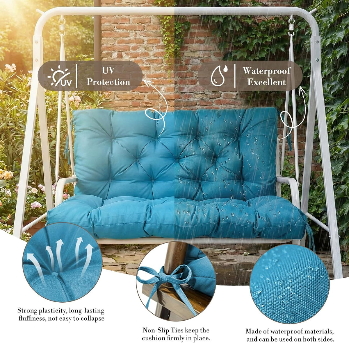 Outdoor/Indoor Swing Replacement Cushion, 2 or 3 Seats Bench Cushions with Backrest, Thicken 4" Recliner Seat Pad for Garden/Patio, Waterproof Premium Tufted Cushion with Ties(Turquoise-40x40x4in)