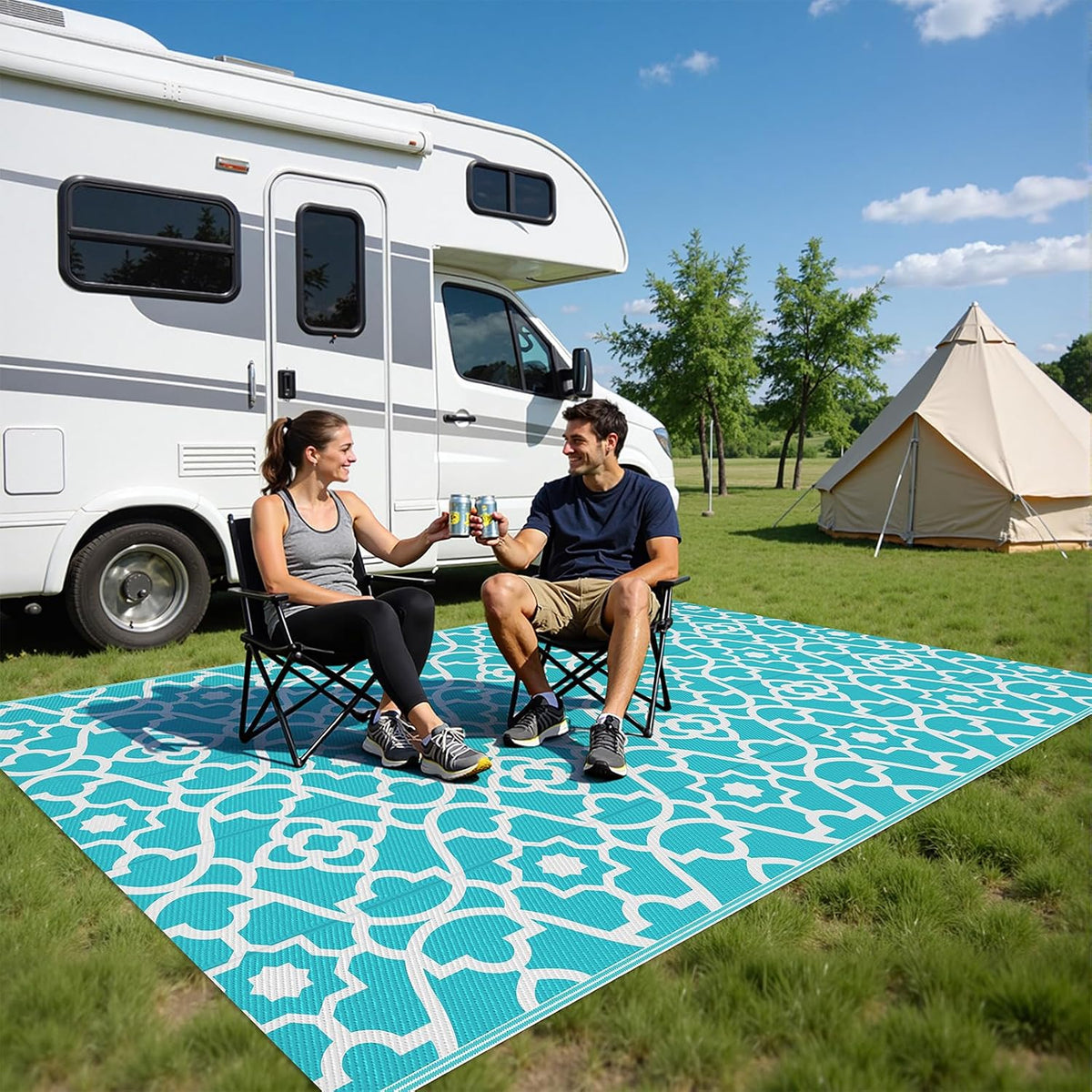 HEBE Waterproof Outdoor Rug 5'x8', Geometric Reversible Plastic Patio Rug
