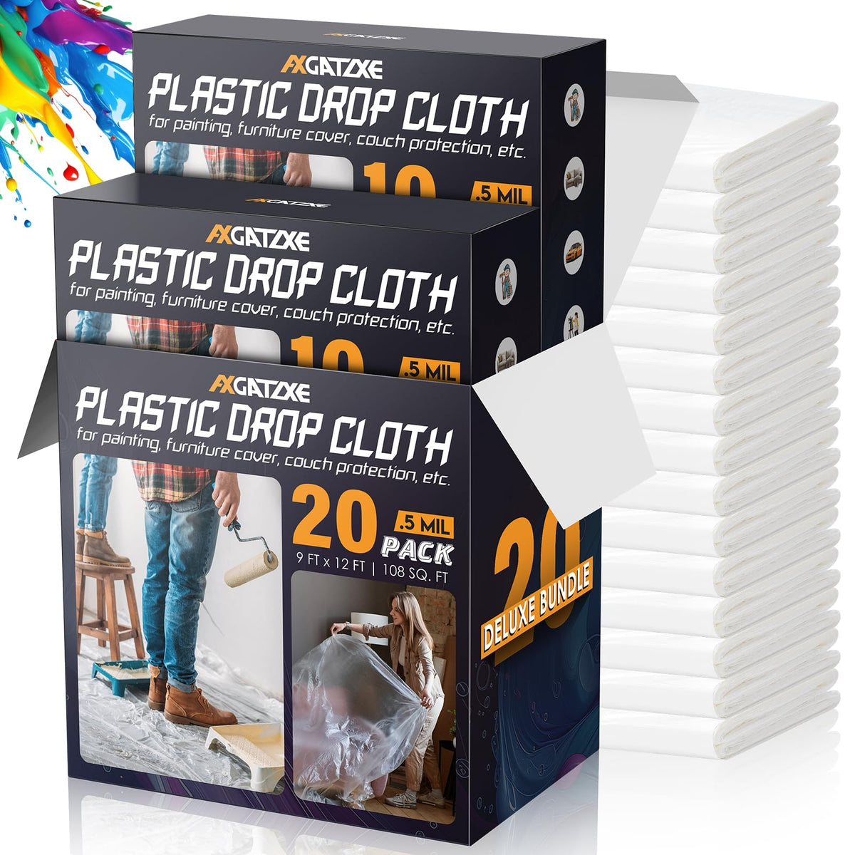 Axgatoxe 12 x 9 Ft Plastic Drop Cloths for Painting (10-Pack)