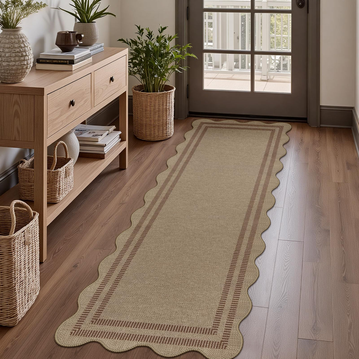 Scalloped Easy Jute 3x5 Front Door Mat, Washable Rugs for Entryway Black Outdoor Patio Rug, Farmhouse Neutral Non Slip Indoor Carpet for Porch Backyard