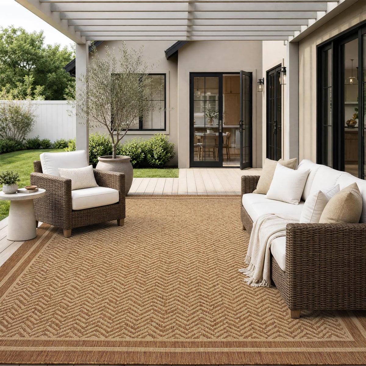 MontVoo-Outdoor Rug-Patio Rug 5x7 Polypropylene Indoor Outdoor Rugs Outdoor Carpet for Patio Deck Balcony Porch, Textured Weave, Durable for High Traffic, Fade-Resistant, Boho Farmhouse Neutral Brown