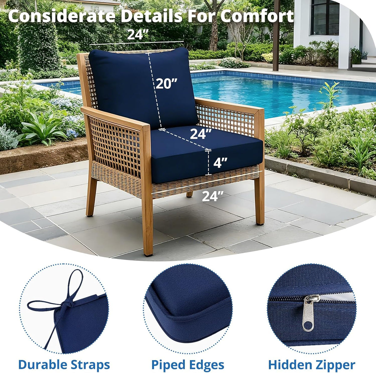 Outdoor Chair Cushion Patio Furniture Seat & Back Pillow 24 x 24 Inch Blue