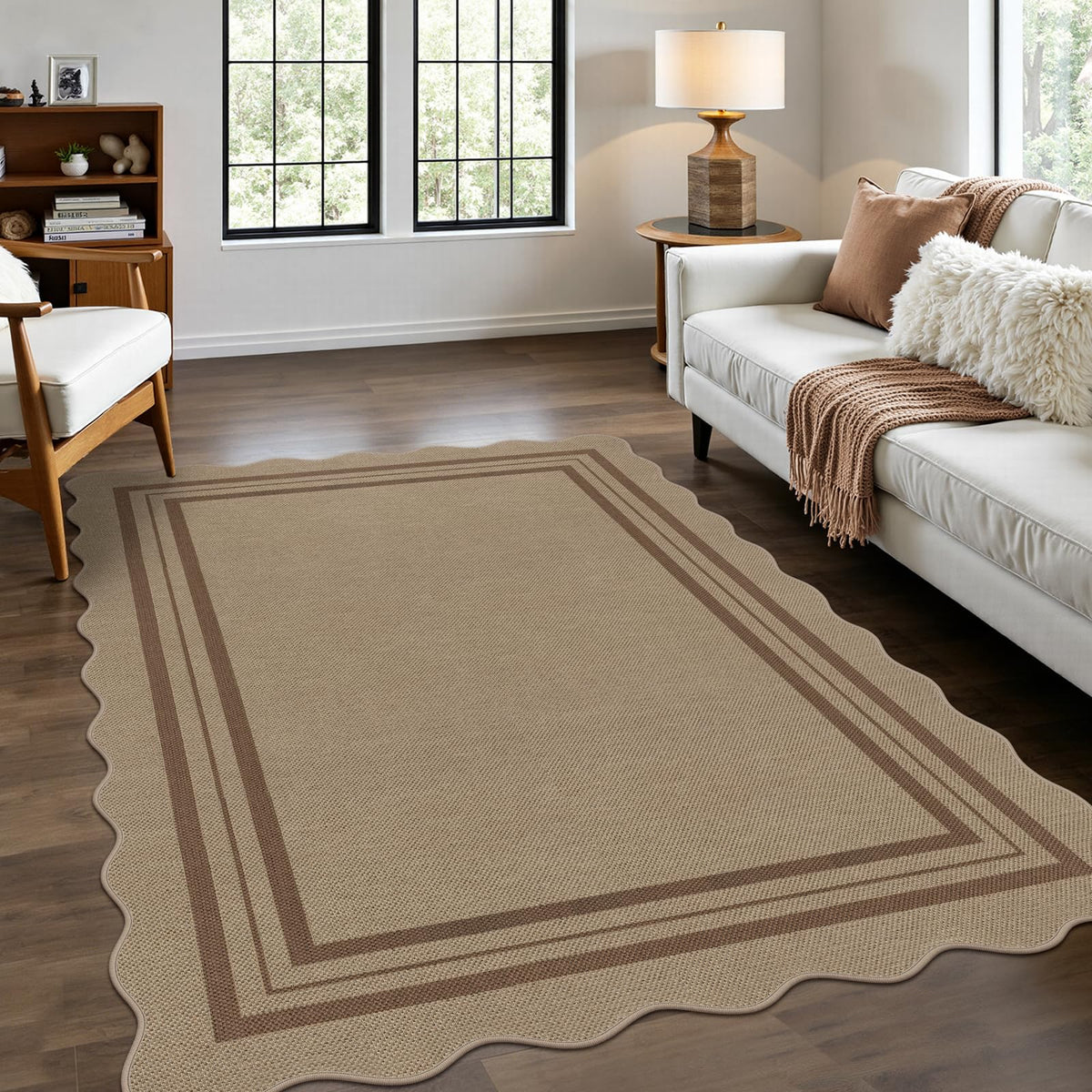Scalloped Easy Jute 3x5 Front Door Mat, Washable Rugs for Entryway Black Outdoor Patio Rug, Farmhouse Neutral Non Slip Indoor Carpet for Porch Backyard