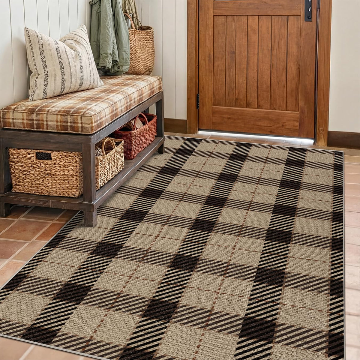 JTJ Easy Jute 3x5 Outdoor Rug for Front Porch, Washable Sage Green Plaid