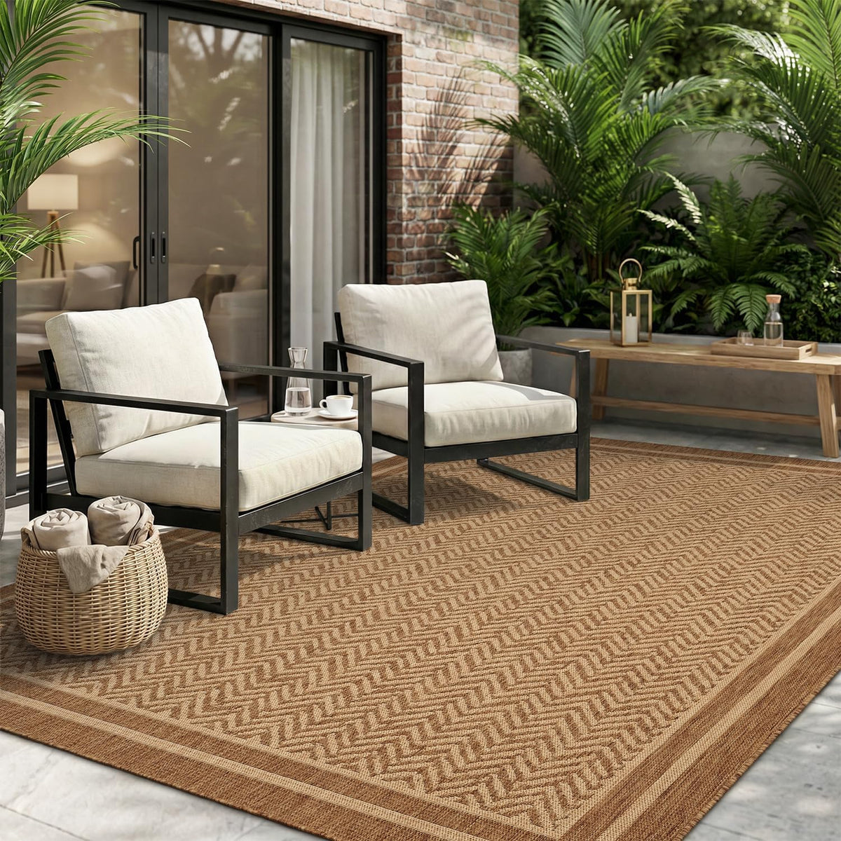 MontVoo-Outdoor Rug-Patio Rug 5x7 Polypropylene Indoor Outdoor Rugs Outdoor Carpet for Patio Deck Balcony Porch, Textured Weave, Durable for High Traffic, Fade-Resistant, Boho Farmhouse Neutral Brown