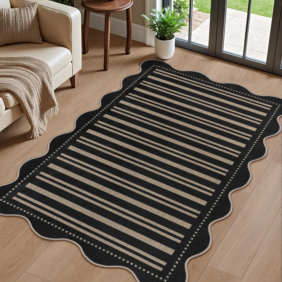 Scalloped Easy Jute 3x5 Front Door Mat, Washable Rugs for Entryway Black Outdoor Patio Rug, Farmhouse Neutral Non Slip Indoor Carpet for Porch Backyard