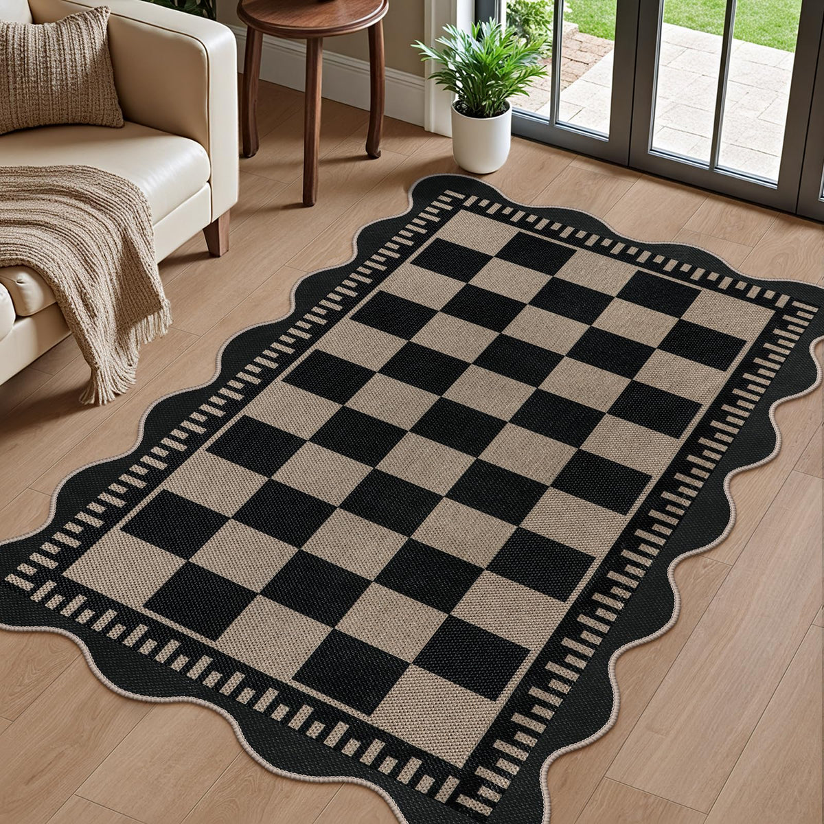Scalloped Easy Jute 3x5 Front Door Mat, Washable Rugs for Entryway Black Outdoor Patio Rug, Farmhouse Neutral Non Slip Indoor Carpet for Porch Backyard