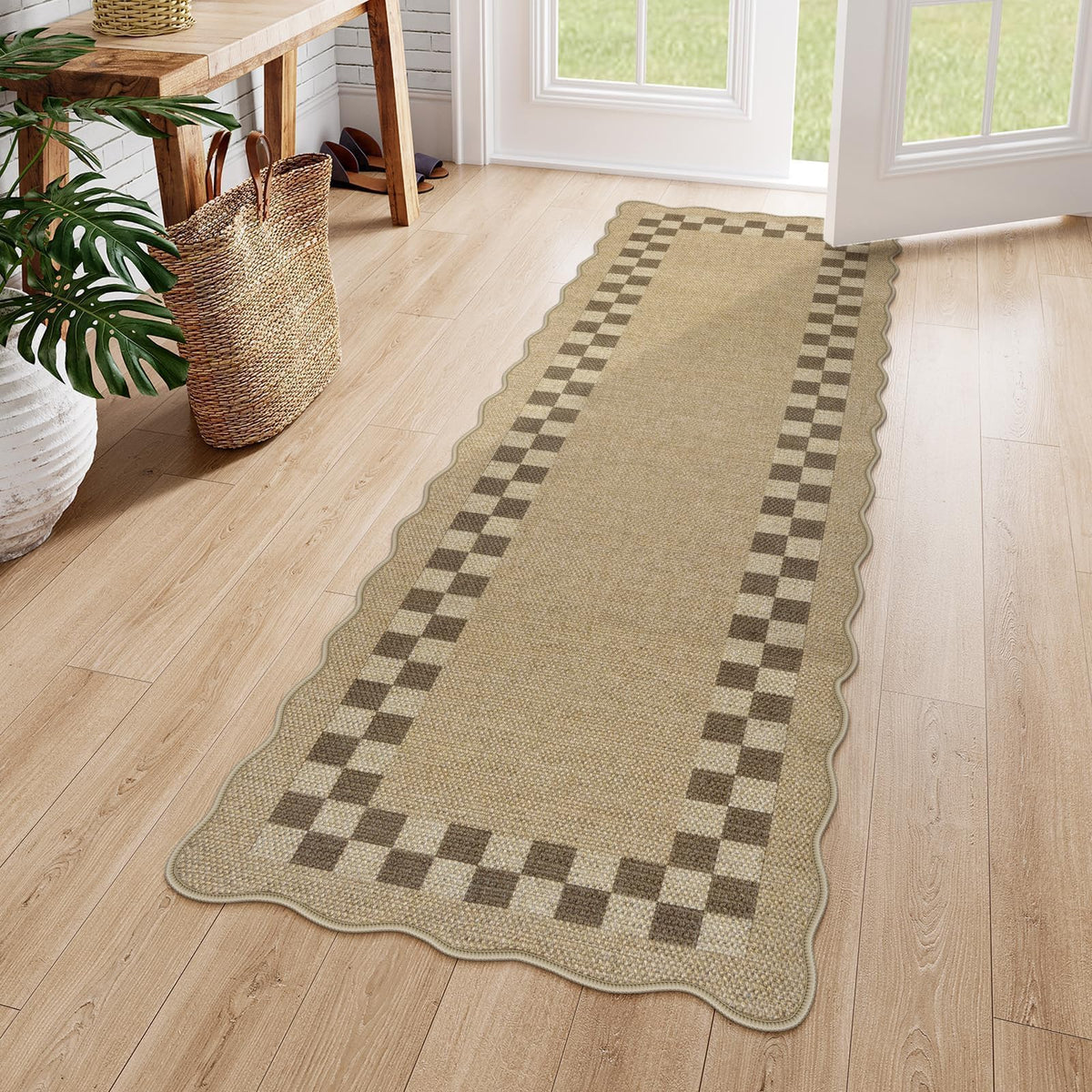 LIVEBOX Scalloped Easy Jute 3x5 Outdoor Rug, Washable Non-Slip Geometric Tan Rugs for Entryway, Indoor Outdoor Farmhouse Rug Modern Carpet Door Mat Area Rug for Patio Bedroom Living Room Kitchen Porch