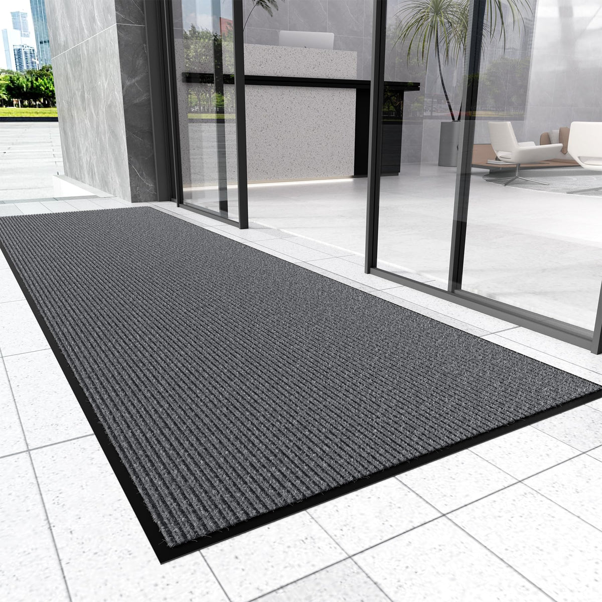 Front Door Mat, 3' x 5' Heavy Duty Door Mat Outside Entrance, Non-Slip Welcome Mat, Absorbent & Dirt Resistant, Low Profile Large Door Mats, Commercial Rugs for Entryway Indoor Outdoor, Grey
