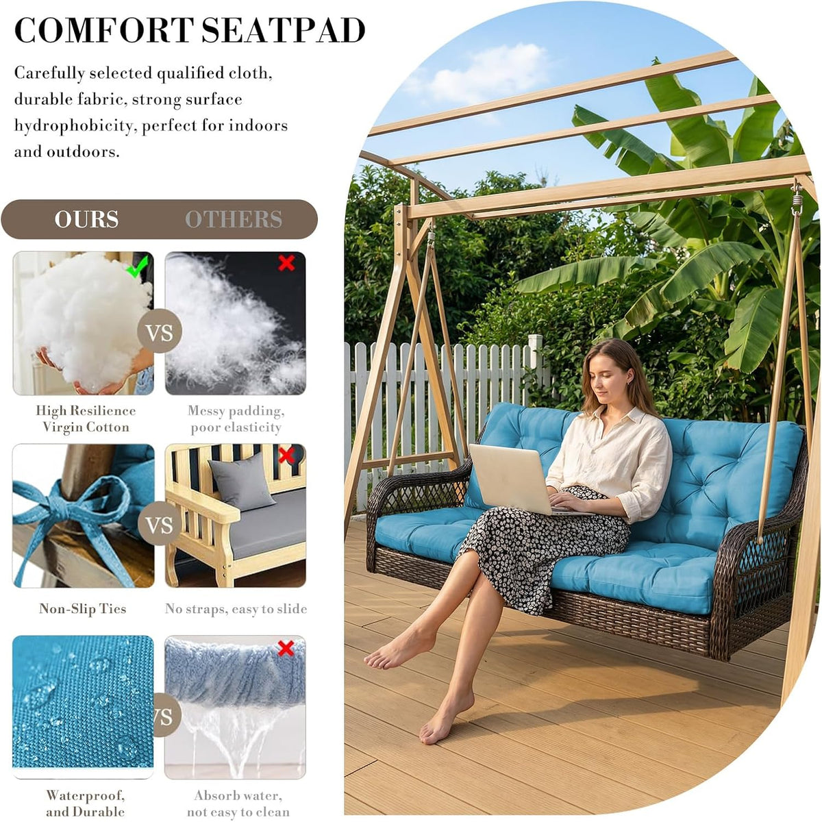 Outdoor/Indoor Swing Replacement Cushion, 2 or 3 Seats Bench Cushions with Backrest, Thicken 4" Recliner Seat Pad for Garden/Patio, Waterproof Premium Tufted Cushion with Ties(Turquoise-40x40x4in)