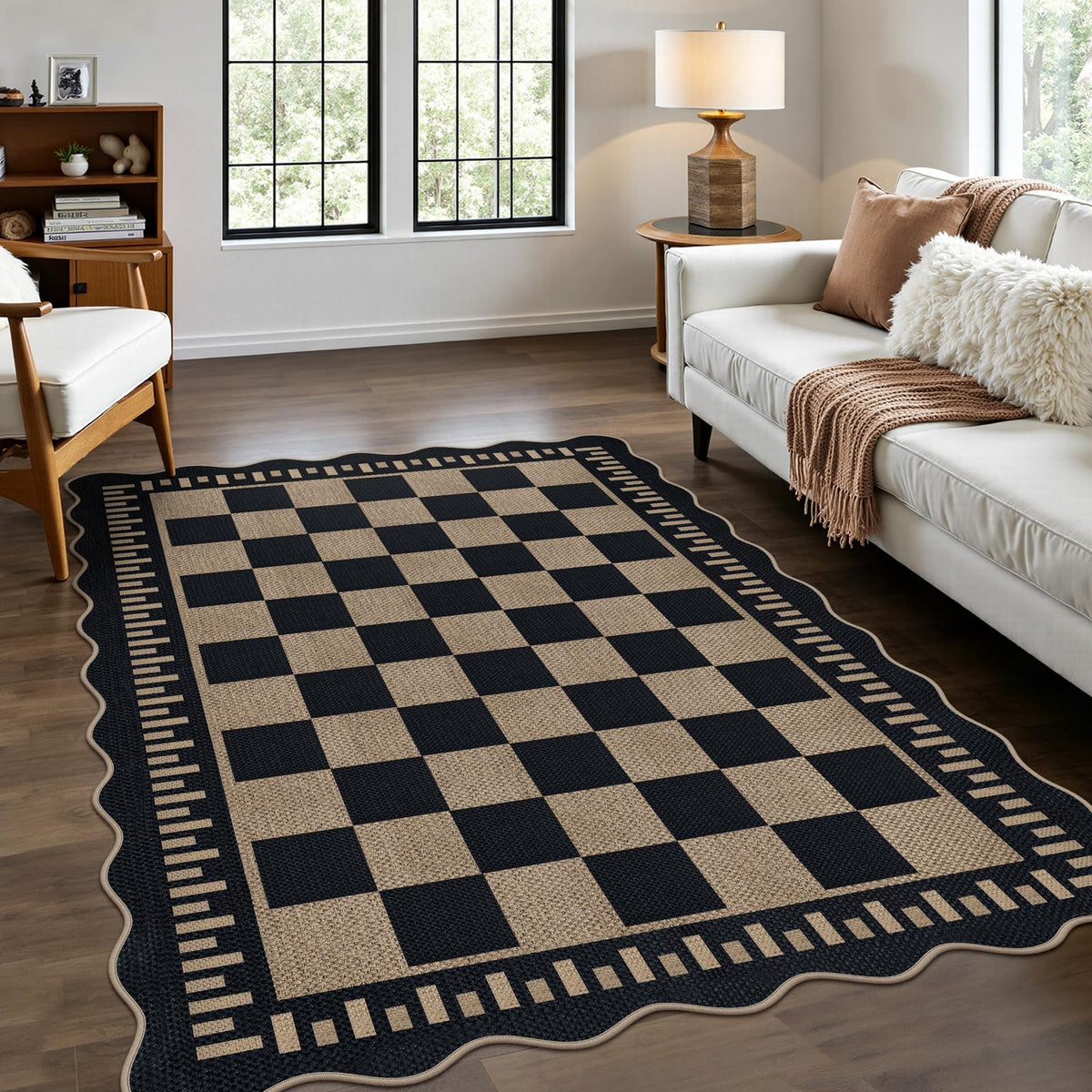 Scalloped Easy Jute 3x5 Front Door Mat, Washable Rugs for Entryway Black Outdoor Patio Rug, Farmhouse Neutral Non Slip Indoor Carpet for Porch Backyard