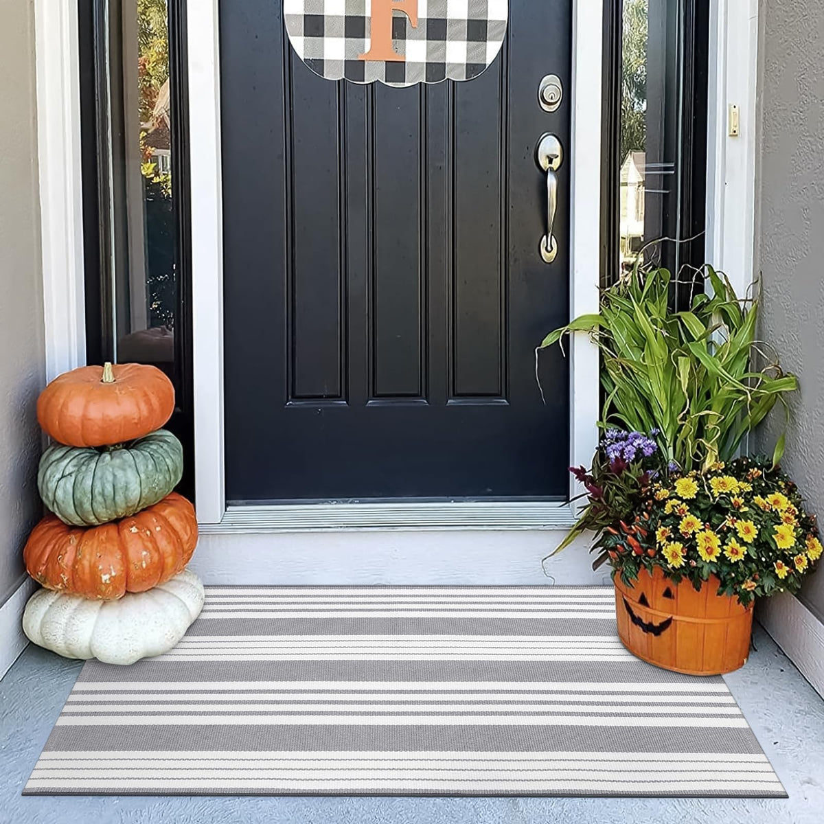OJIA Outdoor Rug 3'x5', Black and Tan Patio Rugs Fall Door Mat Outside