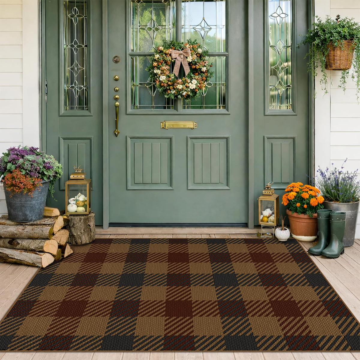 JTJ Easy Jute 3x5 Outdoor Rug for Front Porch, Washable Sage Green Plaid