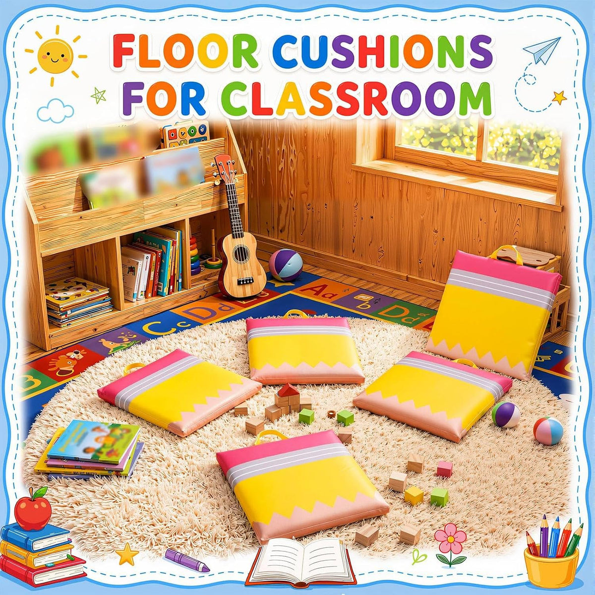 Beeveer 12 Pcs 12'' Floor Cushions with Handle for Kids Classroom Flexible Seating Floor Pillow Waterproof Cushions Seating for Toddlers Daycare Nursery Preschool School Home (Pencil,Yellow)