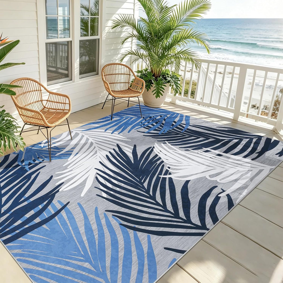 Pauwer Indoor Outdoor Area Rugs 6x9, Washbale Outdoor Patio Rug, Blue White