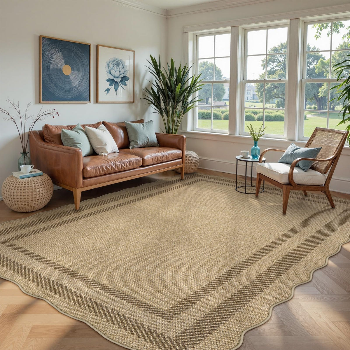 LIVEBOX Scalloped Easy Jute 3x5 Outdoor Rug, Washable Non-Slip Geometric Tan Rugs for Entryway, Indoor Outdoor Farmhouse Rug Modern Carpet Door Mat Area Rug for Patio Bedroom Living Room Kitchen Porch
